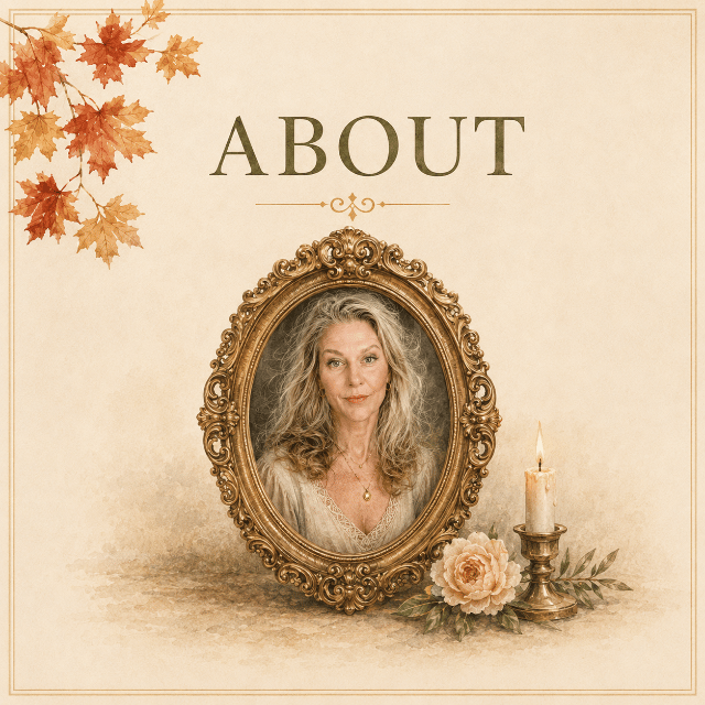 Vintage-style About card featuring an ornate oval portrait of Jenifer Vogt surrounded by roses and a candle on a warm ivory background.