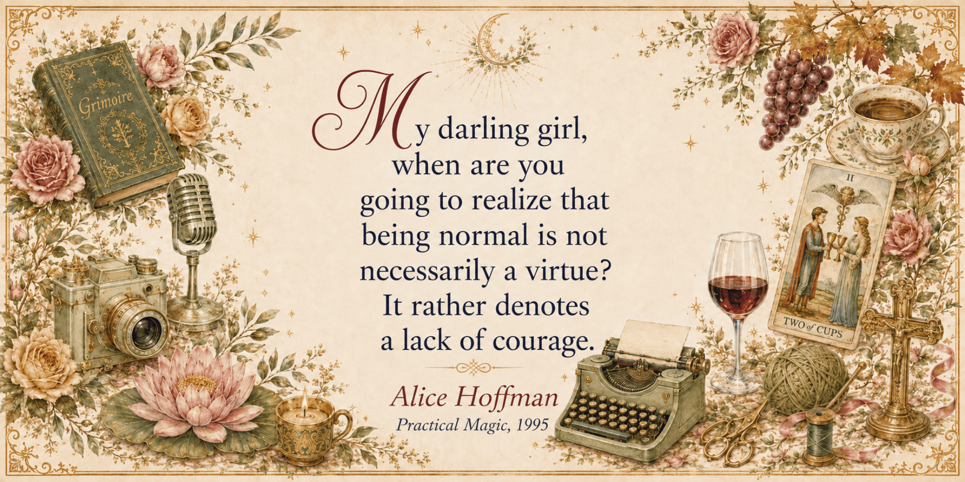 Alice Hoffman quote surrounded by vintage literary, creative and mystical objects.