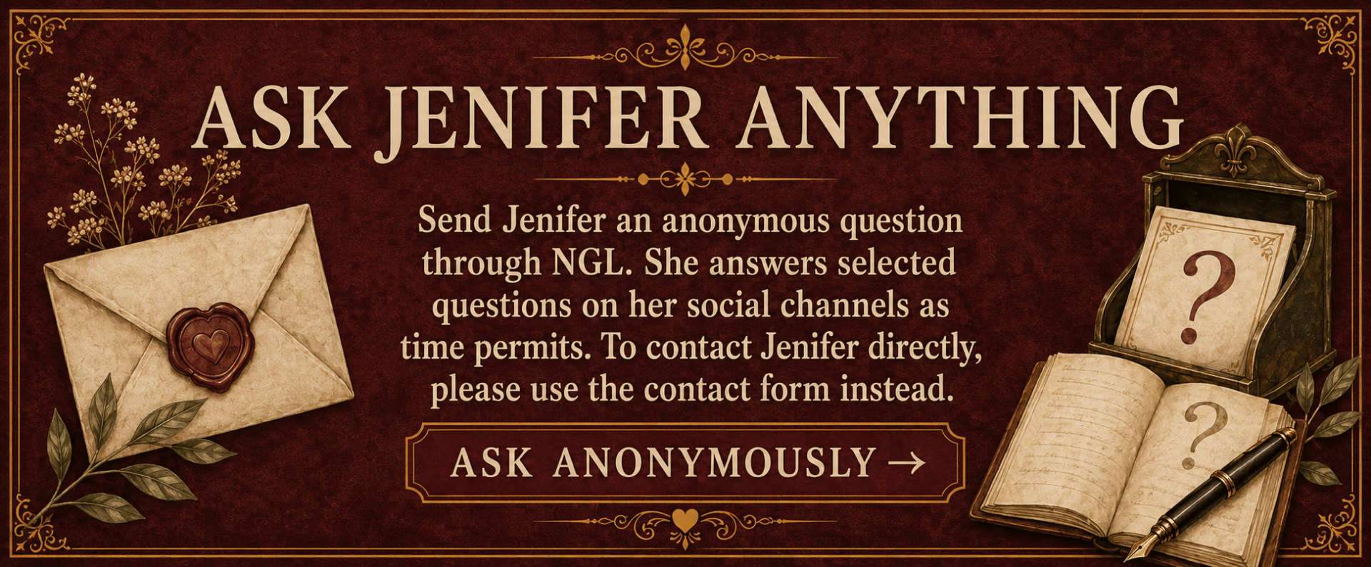 Ask Jenifer Anything banner with a wax-sealed envelope, anonymous question cards, an open journal and a fountain pen.