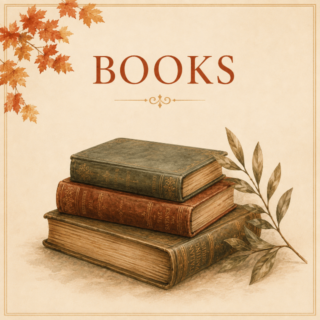Vintage-style Books card featuring a stack of classic books with olive branches on a warm ivory background.