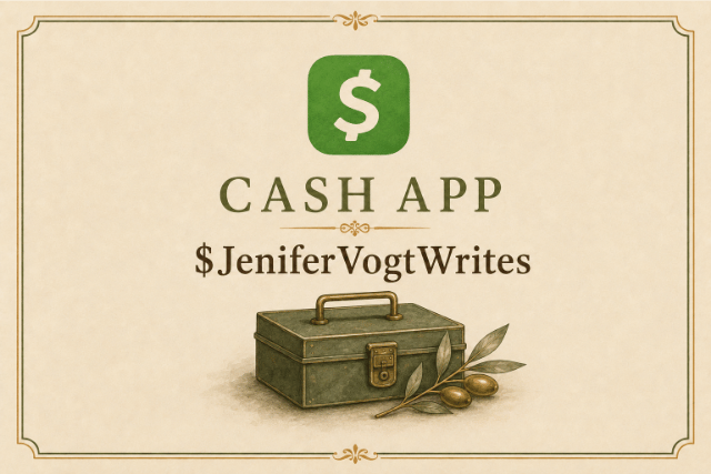 Cash App support card featuring the Cash App logo, Jenifer Vogt’s handle and a vintage watercolor cash box.
