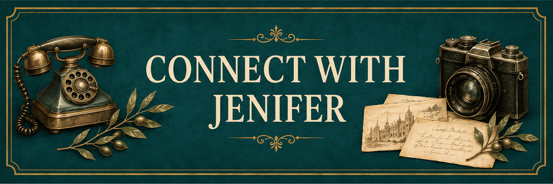 Connect With Jenifer banner featuring an antique rotary telephone, vintage camera, postcards and olive branches.