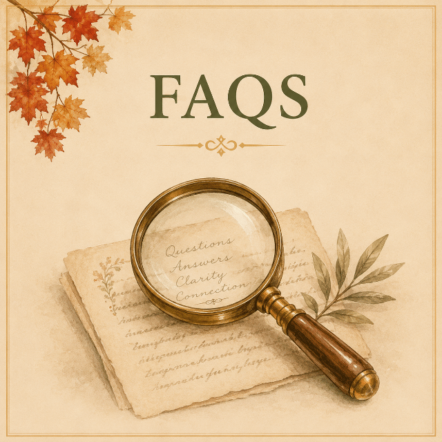 Antique magnifying glass resting on vintage documents with olive branches beneath the heading FAQs on a warm parchment background.