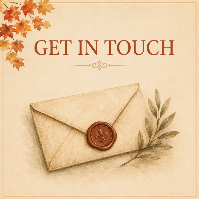 Vintage-style Get in Touch navigation card featuring a sealed envelope with a wax seal and olive branch on a warm ivory background.