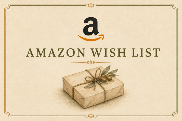 Amazon Wish List card featuring the Amazon logo and a watercolor gift parcel decorated with an olive sprig.