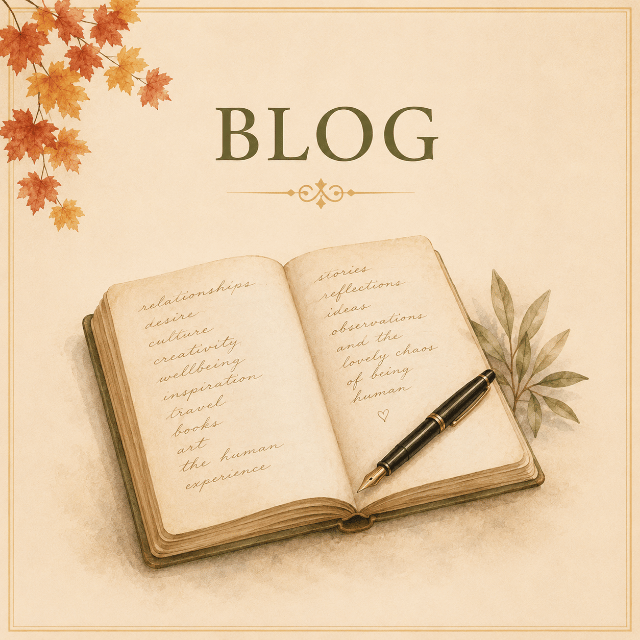 Open journal with a fountain pen and olive leaves beneath the heading Blog on a warm parchment background.