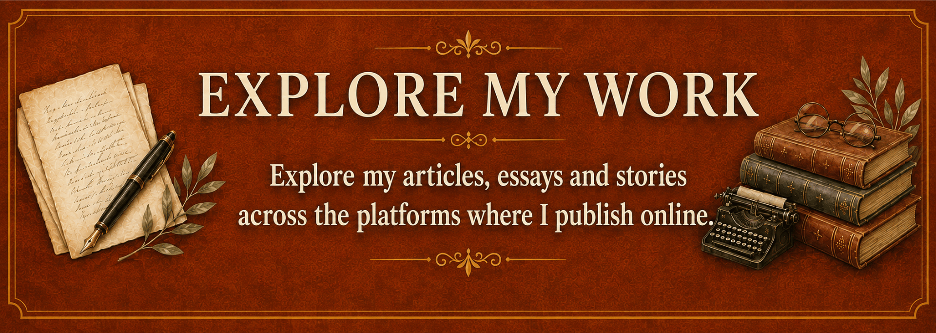 Explore My Work banner featuring manuscript pages, a fountain pen, antique books and a vintage typewriter.