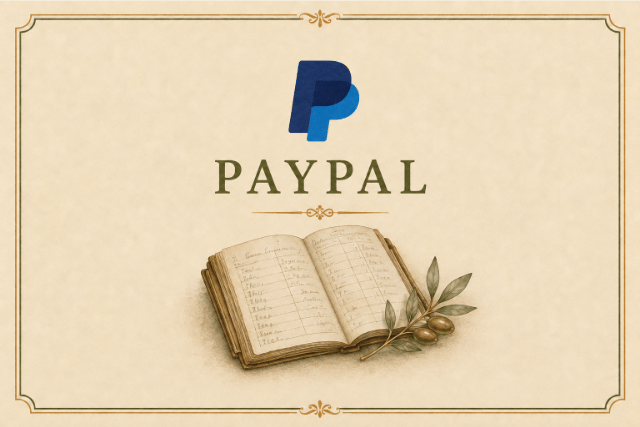 PayPal payment card featuring the PayPal logo and an open vintage accounting ledger.