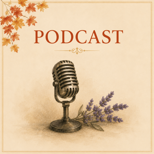 Vintage-style Podcast navigation card featuring a classic broadcast microphone and lavender on a warm ivory background.