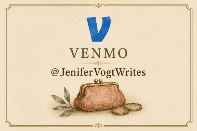 Venmo support card featuring the Venmo logo, Jenifer Vogt’s handle and a watercolor coin purse.