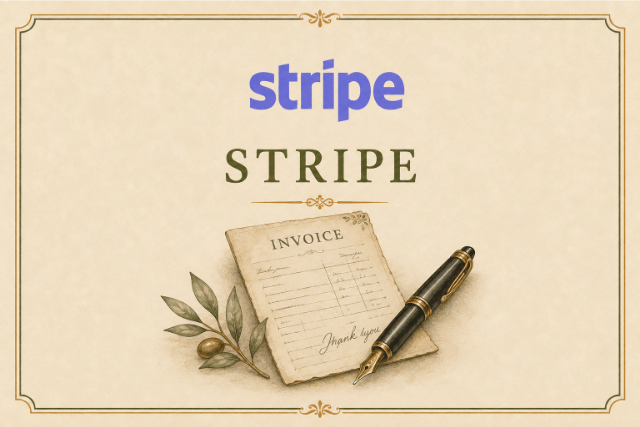 Stripe payment card featuring the Stripe logo, an illustrated invoice and a black fountain pen.