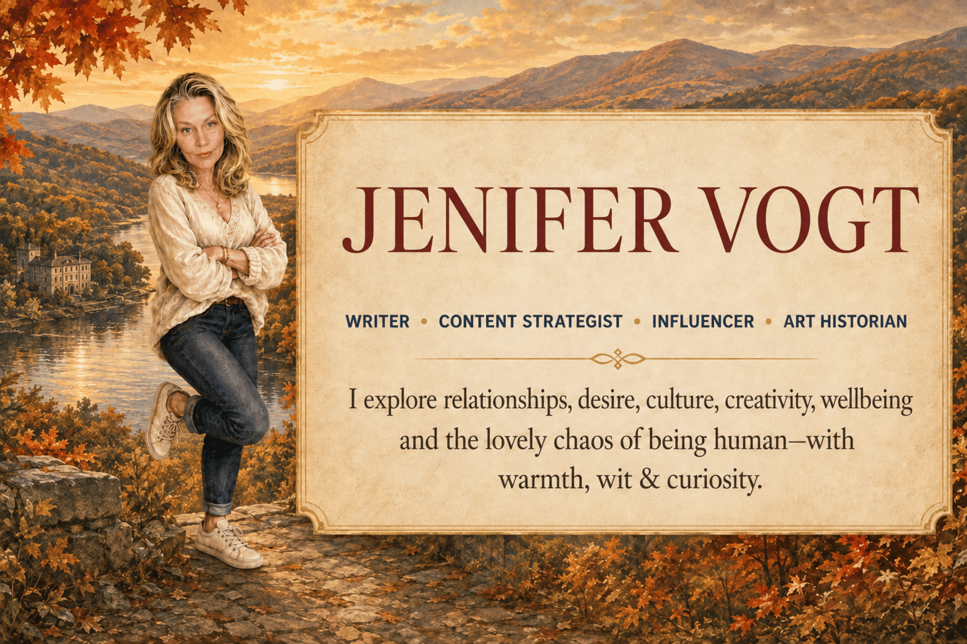 Jenifer Vogt standing beside an illustrated Hudson Valley autumn landscape and personal introduction.