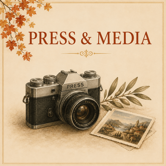 Vintage camera with olive branch and photographs beneath the heading Press & Media on a warm parchment background.