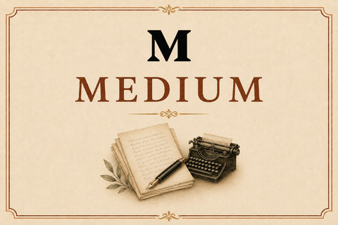 Medium card featuring the black Medium logo, manuscript pages, a fountain pen and a vintage typewriter.