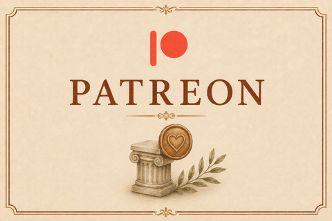 Patreon card featuring the coral Patreon logo, a classical column and a gold heart medallion.