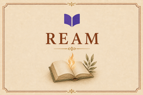 Ream card featuring the purple Ream logo and a watercolor open book with a small flame.