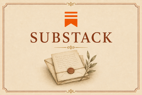 Substack card featuring the orange Substack logo and a watercolor stack of correspondence.