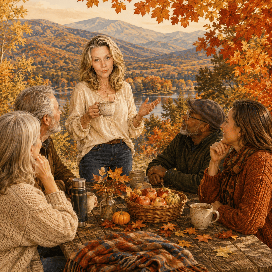 An illustration of the writer Jenifer Vogt standing at a table outside in the Hudson Valley