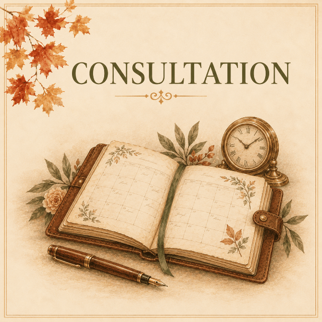 Vintage appointment book with a fountain pen and antique clock.