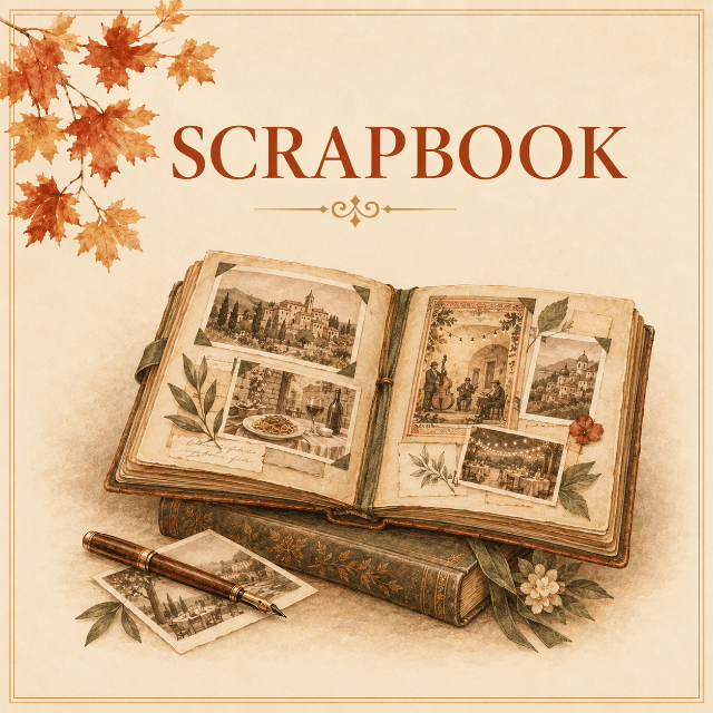 Open vintage scrapbook filled with photographs, posters and creative keepsakes.