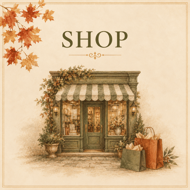 Vintage watercolor storefront with shopping bags on a warm ivory background.