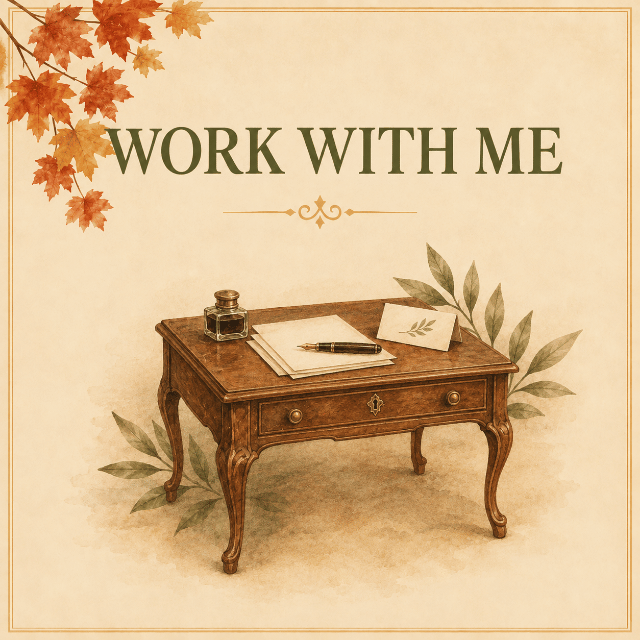 Antique writing desk with papers, fountain pen and inkwell in a vintage watercolor style.