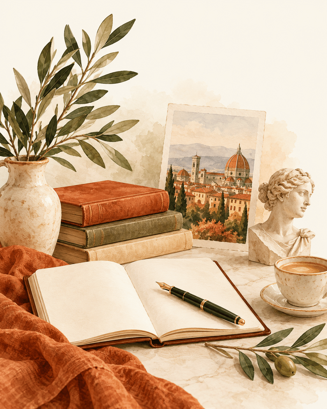 Italian-inspired illustration featuring an open journal, fountain pen, books, classical sculpture, olive branches and a watercolor painting of Florence.