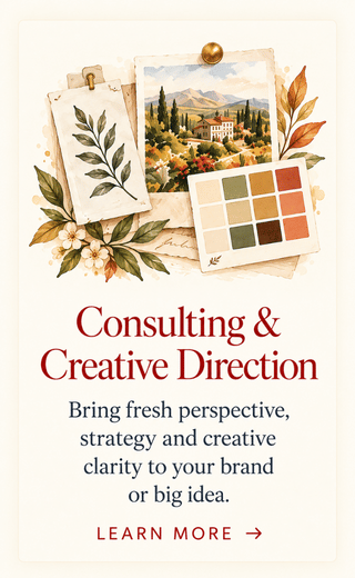 Jenifer Vogt Consulting and Creative Direction Watercolor creative mood board with landscape image, botanical sketch and color palette representing consulting and creative direction.