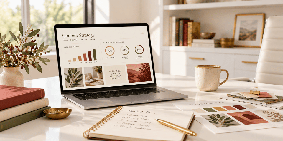 Professional workspace featuring a laptop with a content strategy dashboard, marketing analytics, editorial planning notebook and brand design materials.