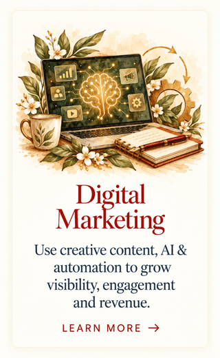 Jenifer Vogt Digital Marketing, AI & Automation Watercolor laptop with AI brain, automation gear, analytics and creative tools representing digital marketing.