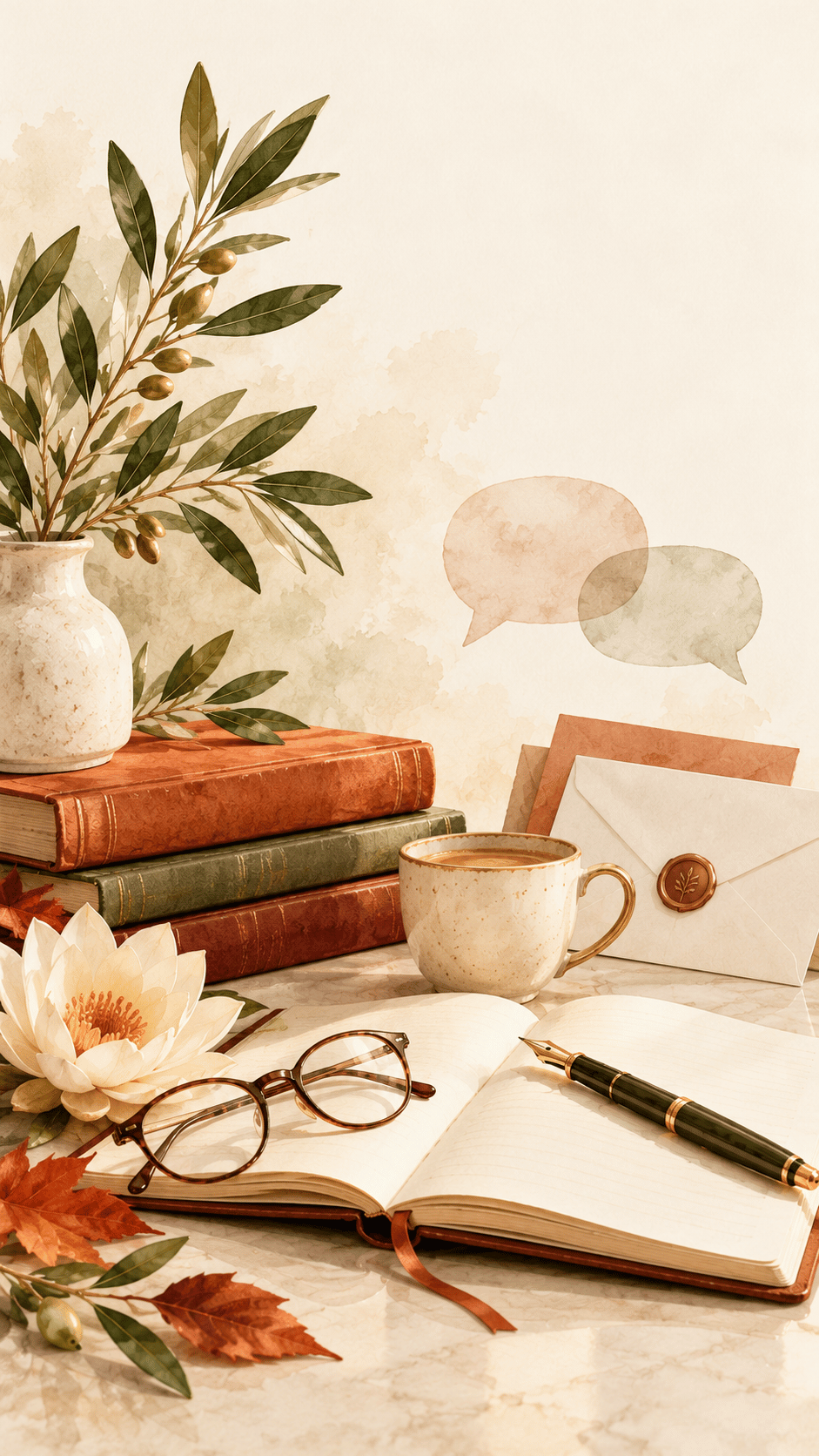 Warm, minimal brand graphic with stationery, books and autumn botanical accents for Jenifer Vogt’s FAQs page