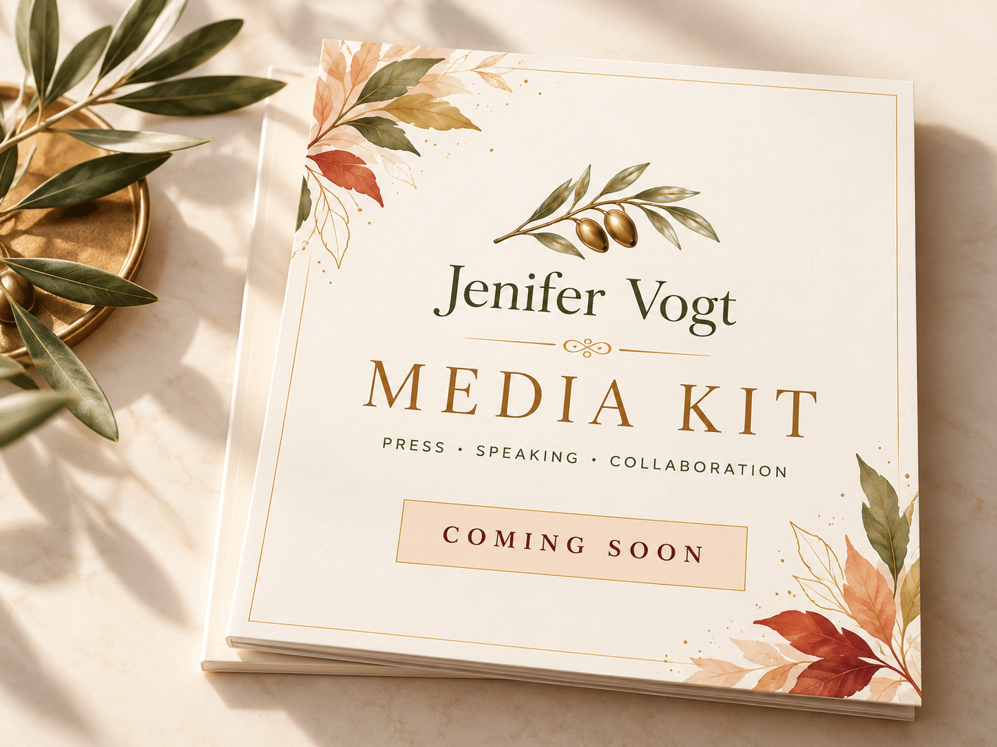 Jenifer Vogt Media Kit Coming Soon Coming soon graphic for Jenifer Vogt’s media kit in warm autumn brand colors