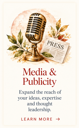 Jenifer Vogt Media and Publicity Watercolor vintage microphone and press page representing media relations, publicity and thought leadership.