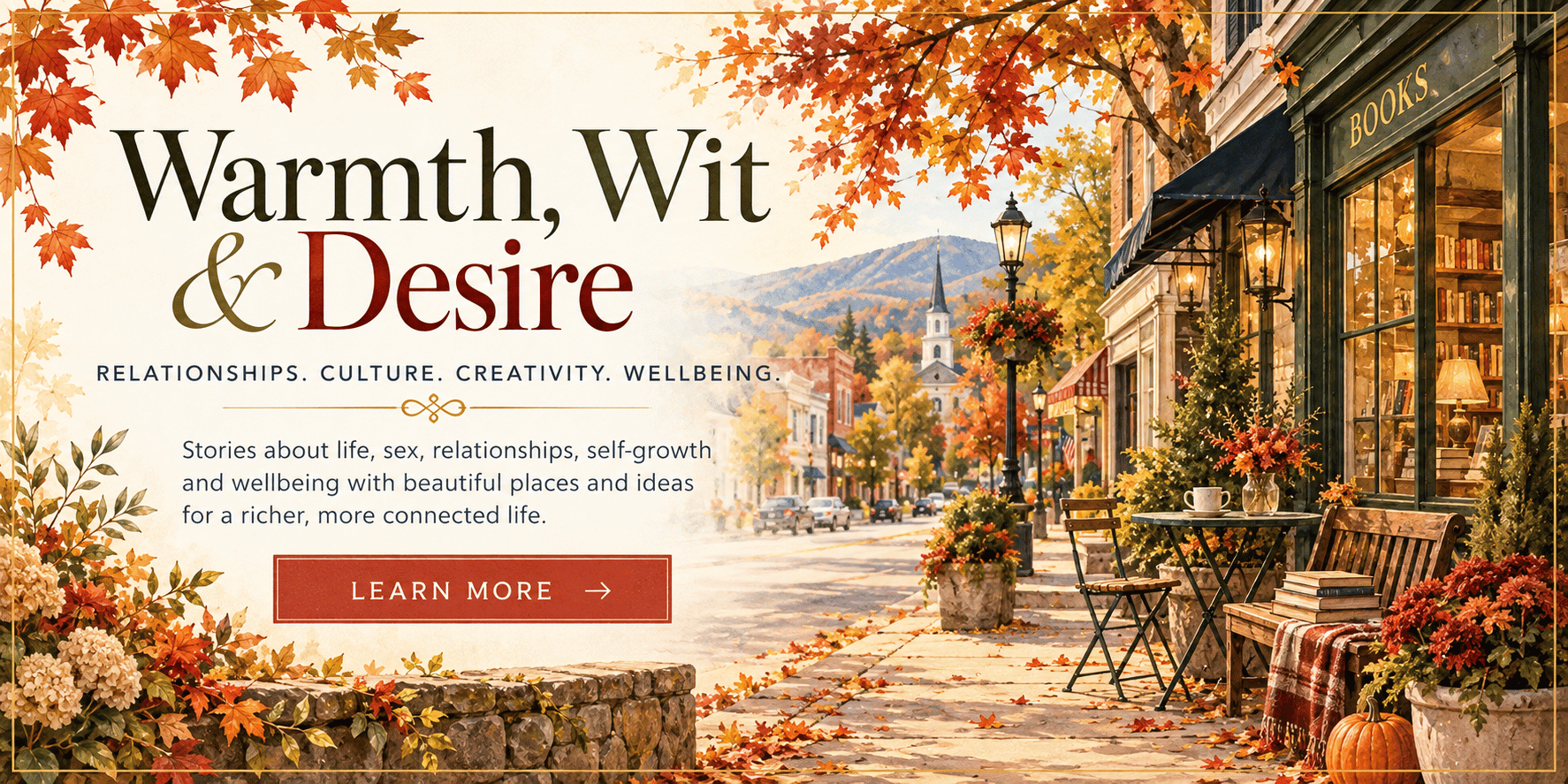 Jenifer Vogt Warmth Wit and Desire (1) Illustrated autumn Main Street scene promoting Warmth, Wit & Desire, with the themes relationships, culture, creativity and wellbeing.