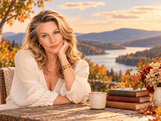 Jenifer Vogt Writer by the Hudson River Portrait of Jenifer Vogt seated beside books and flowers with a Hudson Valley river and mountain view in the background.