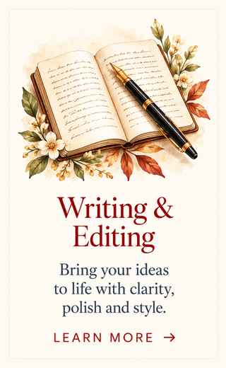 Jenifer Vogt Writing and Editing Watercolor open journal and pen with botanical accents representing professional writing and editing.