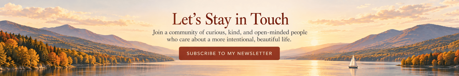 Jenifer Vogt in the Hudson Valley Subscribe to Newsletter Autumn Hudson Valley river landscape banner with rolling hills, a small boat and a “Subscribe to My Newsletter” button