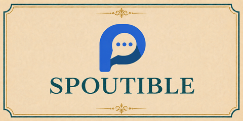 Spoutible logo on a cream and teal branded social media tile.